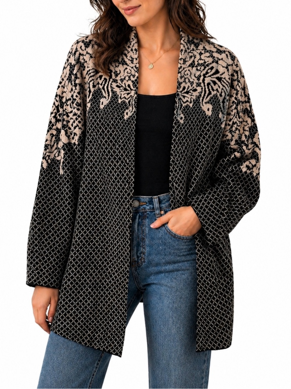 Sioni black & cream open front cardigan